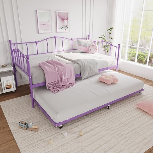 GarveeHome Twin Daybed with Trundle, Metal Sofa Bed Frame with Steel Slat Support, Twin Size Space-Saving Furniture for Living Room, Bedroom, Love Heart Design, No Box Spring Needed, Purple