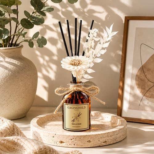 Vanilla Home Scent Set with 10 Reed Sticks & Decorative Flower, Long Lasting Reed Diffuser for Living Room Bathroom, Brown Bottle, 5 fl.oz