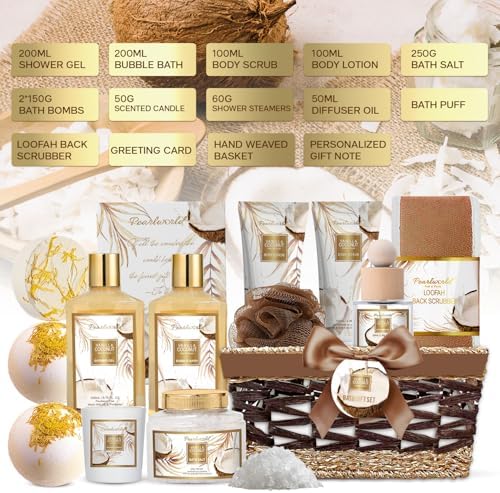 Birthday Gifts Basket for Women, 15pcs Vanilla Coconut Bath Set with Shower Gel, Bubble Bath, Diffuser Oil, Scented Candle, Skin Care Kit Birthday Gift for Women