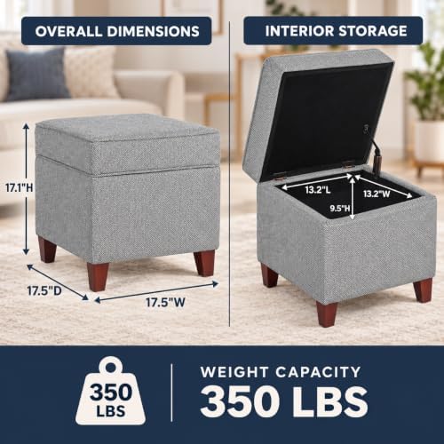 Adeco 17 Inch Square Linen Storage Ottoman for Living Room & Bedroom, Small Upholstered Footrest Stool with Hinged Lid and Wood Legs, Modern Accent Furniture, Light Gray