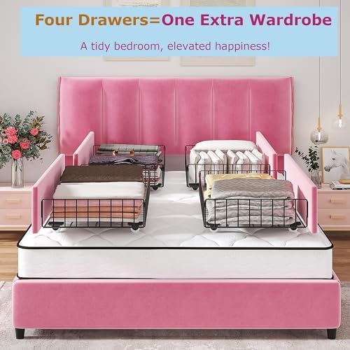VECELO Full Upholstered Bed Frame with 4 Storage Drawers and Adjustable Velvet Headboard, Heavy-Duty Platform bedframe, No Box Spring Needed, Pink