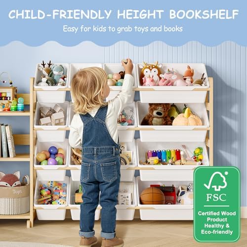 EXPERLAM Toy Storage Organizer, Toy Storage Shelf with 3 Shelves and 16 Storage Bins (12 Small + 4 Large), 3-in-1 Kids Bookshelf for Kids Rooms, Playroom, Nursery, White