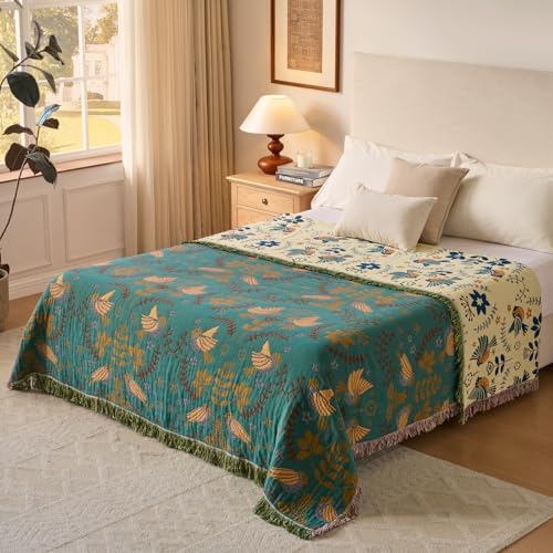 Boho Throw Blanket, 100% Soft Cotton Floral Quilt, King 90"x 98"