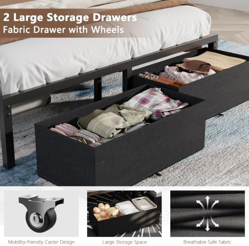 Furnulem Full Size Bed Frame with Storage Drawers and Upholstered Headboard