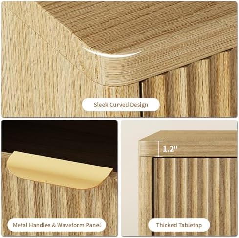 Fluted Nightstand Set of 2 with Charging Station,Drawer&Open Shelf,Natural