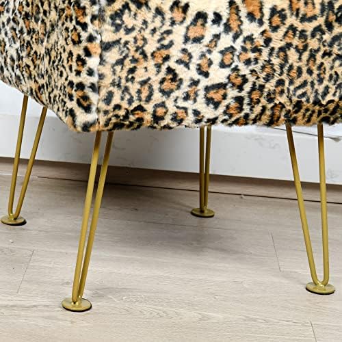 Leopard Print Square Ottoman 17"x17"x17" Faux Fur Entryway Bench Footrest Stool Accent Seating Cheetah Furry Ottoman Bedroom Vanity End of Bed for Bathroom Living Room Decor