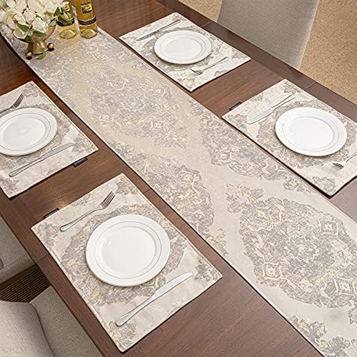 Loom and Mill Luxury Elegant Damask Table Runner 120 inches Long, Beige