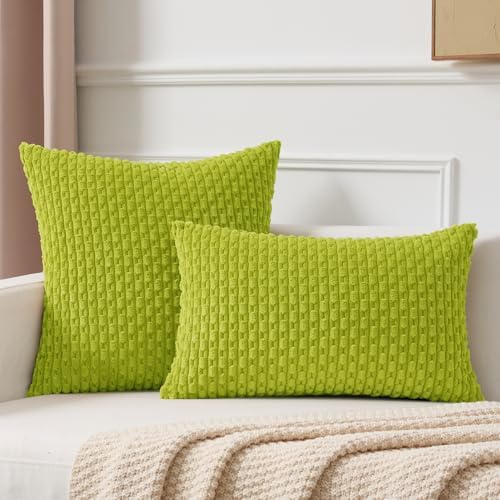 Kevin Textile Soft Corduroy 12"x20" Lumbar Pillow Covers 2 Pack, Xmas Green