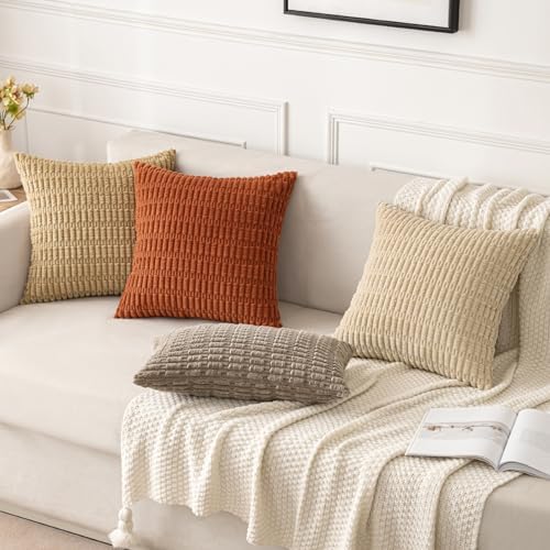 MIULEE Corduroy Decorative Throw Pillow Covers 16x16 Tan Pack of 2