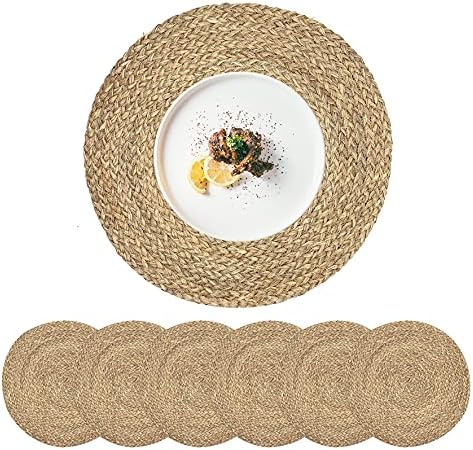 Woven Placemats for Dining Table Set of 6, 100% Natural Straw, Rustic Round Placemats Farmhouse Table Mats Rattan Wicker Placemats Hand Braided Place Mats for Indoor Outdoor, 14.17“