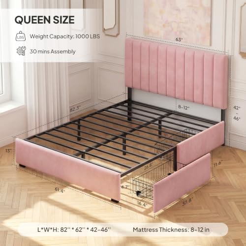 Welzona Queen Upholstered Bed Frame with Headboard & 2 Storage Drawer, Pink