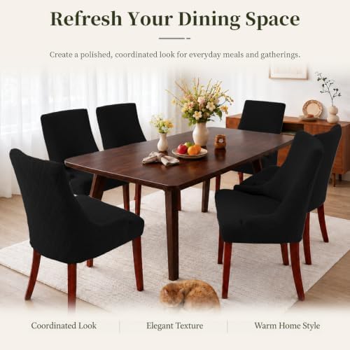 MIFXIN Wingback Side Chair Covers Dining Chair Slipcover Jacquard Stretch Sloping Armchair Protector Arm Chair Seat Cover for Dining Room Living Room Banquet Home Decor (Black, 4 Pcs)
