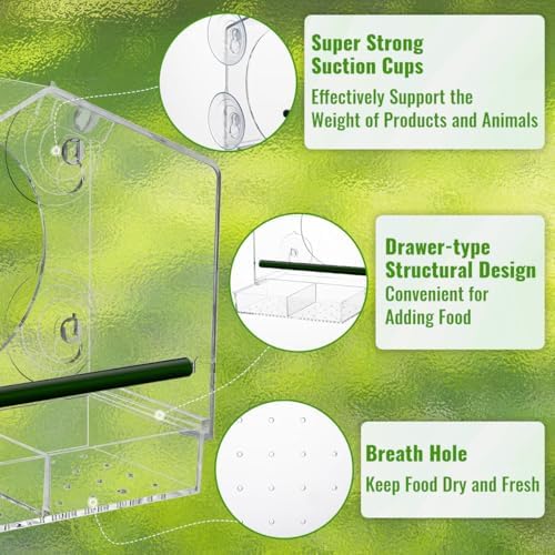 Window Bird Feeder with Strong Suction Cups - Slide-Out Tray