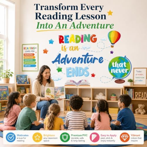 Cinrobiye Inspirational Quotes Wall Decals, Reading Corner Wall Decor, Reading is an Adventure that Never Ends Wall Stickers, Classroom Library Decorations for Preschool, Elementary School, Daycare