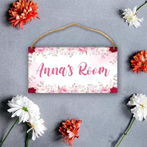 Personalized Pink Fowers Floral Door Sign Kids Room Decor Custom Name Girls Bedroom Toddler Baby Nursery Hanging Art Wood Wall Plaque