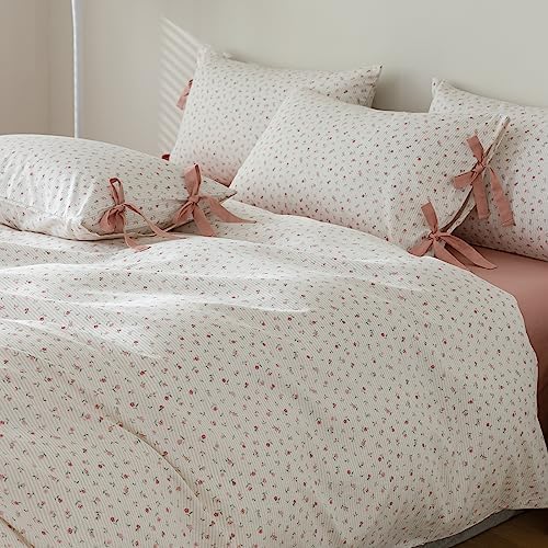 Rose Flower Duvet Cover Queen Stripes Bedding Set 100% Cotton Vintage Country Style Girls Comforter Cover with 2 Bow Tie Pillowcases,Off-White/Cream