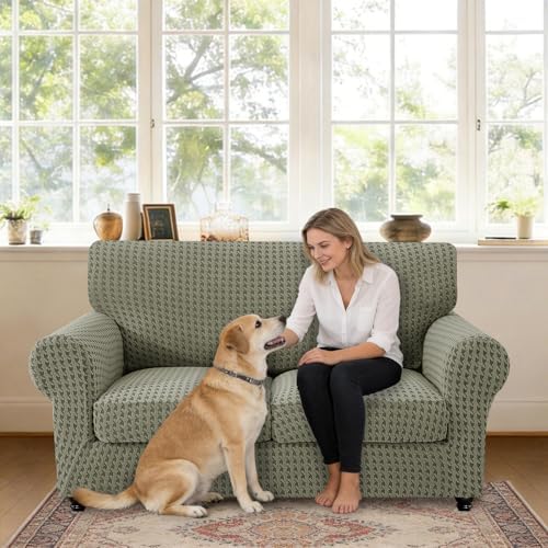 MAXIJIN 3 Pieces Stretch Sofa Covers for 2 Cushion Couch Loveseat Cover for Dogs Washable Love Seat Sofa Slipcovers Thick Soft Furniture Protector with Non Slip Strap (Army Green 55"-69")