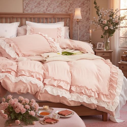 Bedorm Ruffle Duvet Cover Twin Coquette Bedding Ultra Soft Breathable Shabby Chic Bedding Pink Ruffled Duvet Cover Set Cute Comforter Cover
