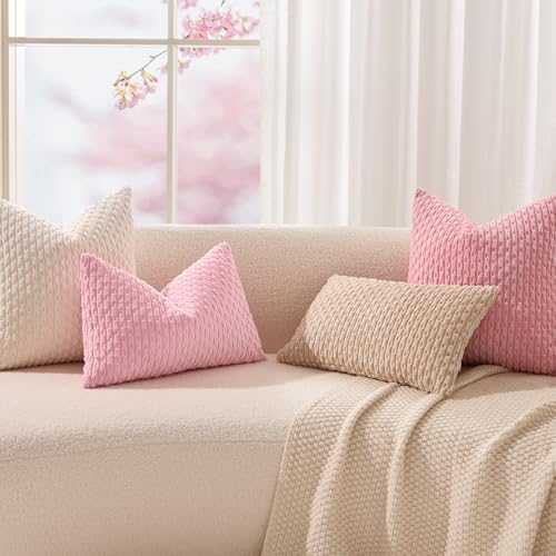 Kevin Textile Soft Corduroy 26x26 Inch Pillow Covers 2 Pack, Dark Pink