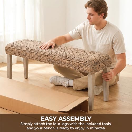 Solid Wood Acacia Indoor Bench, Natural Woven Water Hyacinth Seat, Grey Leg