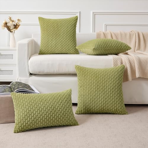Kevin Textile Soft Corduroy 18x18 Inch Pillow Covers 2 Pack, Grass Green