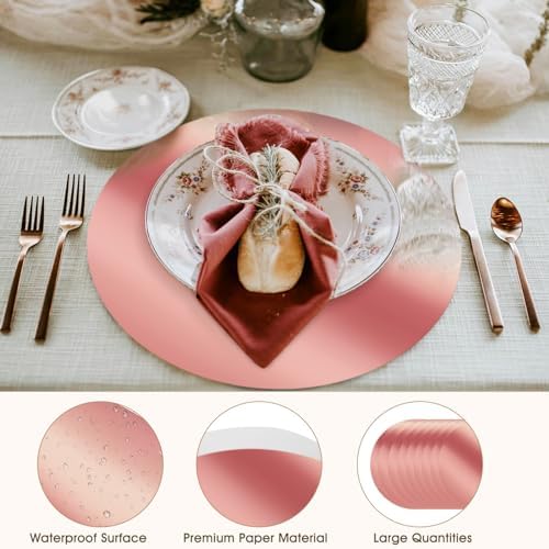 KesaPlan 50PCS Round Rose Gold Placemats, Disposable Paper Chargers Plate