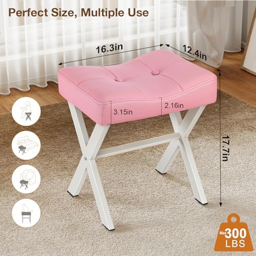 Memobarco 18-Inch Leather Vanity Stool Chair, Pink Saddle Vanity Stool