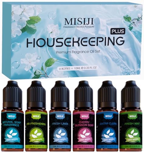 Housekeeping Essential Oils Set for Diffuser,Pure Aromatherapy Oil for Diffuser,Candle Making,Natural Soap Scent,Cherry Blossom Soap,Fresh Mint,Fresh Linen,Air Freshener,Extra Clean