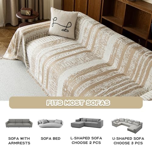 MEETSKY Boho Chenille Couch Cover for Dogs, Washable Cat Scratch Proof Sofa Slipcover for L-Shape Sectional, Soft Pet Furniture Protector, 71" x 118", Khaki with Stripes