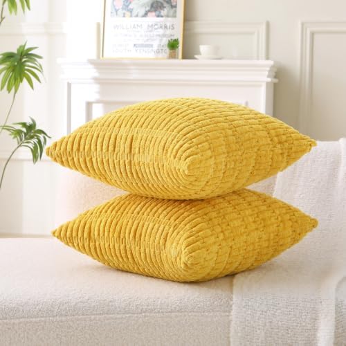 2 Pack Corduroy Decorative Throw Pillow with Inserts, 18x18 Inch Soft Boho Throw Pillow, Square Striped Throw Pillows for Couch, Bed, Sofa Decor