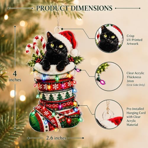 Black Cat Christmas Ornaments 2026, Cat Lover Gifts for Women Men, Black Cat Ornament with Lights, Funny, Cute Pet Acrylic Hanging Ornament, White Elephant Gift