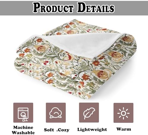 Vintage Floral Throw Blanket for Couch, Floral Room Decor, Retro Botanical Bird Art Nouveau Throw Blanket for Bedroom Living Room Decoration, 50x60 Inches