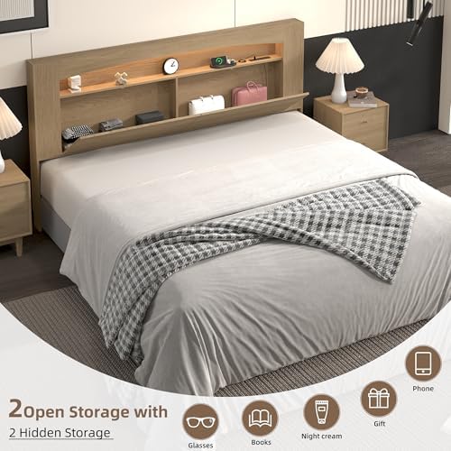 Wooden Queen Headboard Only with Storage for Bedroom (Oak, Queen)