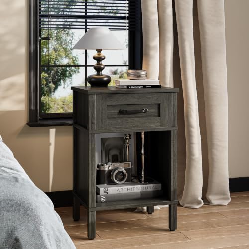 Farmhouse Nightstands with Drawer, Small Wooden Side Table, Modern Bedroom Night Stand, Wood Night Table, Grey Bedside Table with Storage, End Table for Living Room LET512GW