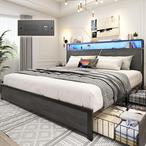 Lifezone King Bed Frame with 2-Tier Storage Headboard, Metal Platform Bed Frame with 4 Storage Drawers, Built in Charging Station & LED, Noise-Free/Metal Support/No Box Spring Needed, Rustic Grey
