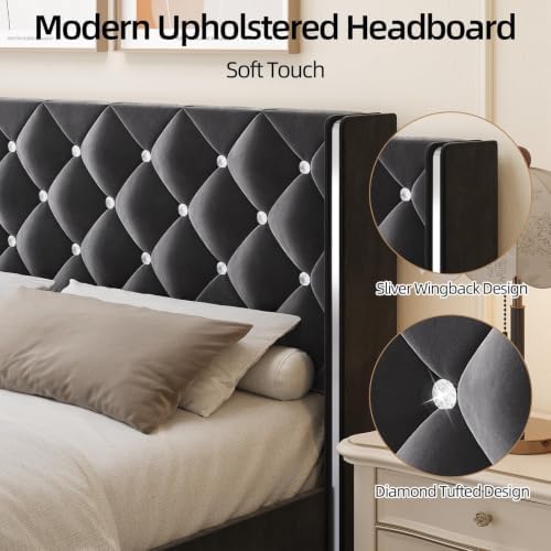HOMBCK Twin Bed Frame with Velvet Headboard, Silverside Wingback, Black