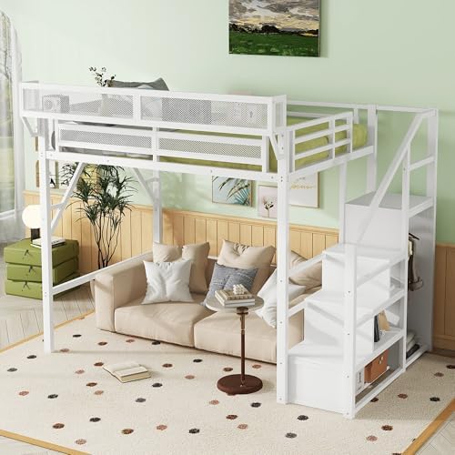 Full Size Metal Loft Bed Frame with Convertible Staircase, Built-in Storage Shelves & Wardrobe, Loft Bed with Solid Slats & Guardrail, No Box Spring Required, Easy Assembly, for Bedroom, White