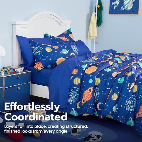 Joiedomi Kids Comforter Set Bedding Set for Boys Girls Super Soft Microfiber Bed in a Bag with Comforter Sheets Pillowcase Sham, Dark Blue Cosmic Space, Full
