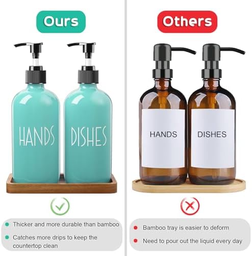 ALELION Turquoise Dish Soap Dispenser for Kitchen - 16 OZ Glass Hand Soap Dispenser Set with Pump and Acacia Wood Tray - Turquoise Kitchen Decor & Teal Kitchen Accessories