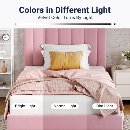 Allewie Twin Bed Frame/Velvet Upholstered Bed Frame with Vertical Channel Tufted Headboard/Strong Wooden Slats/Platform Bed Frame/Mattress Foundation/Box Spring Optional/Easy Assembly/Pink