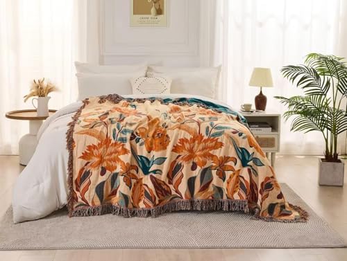 Boho Throw Blanket for Bed 100% Cotton Bohemian Blankets Ultra Soft Woven Muslin Decorative Blankets All Seasons Vintage Quilt Knitted Blanket for Sofa Chair(Orange, 60"x80")