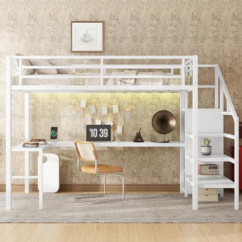 Full Size Loft Bed with Desk and Wardrobe, Metal Heavy Duty Loft Bed with Storage Stairs, LED Lights, USB Port, LoftBed Frames for Kids, Junior, Space Saving, Noise Free (White, Full)