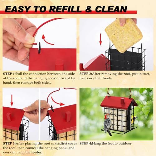 Gbekery All-Metal Double Suet Bird Feeder for Outdoors Hanging, Red Roof