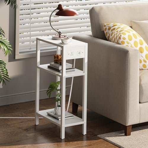 TUTOTAK Narrow Side Table, 3-Tier Small End Table with Charging Station