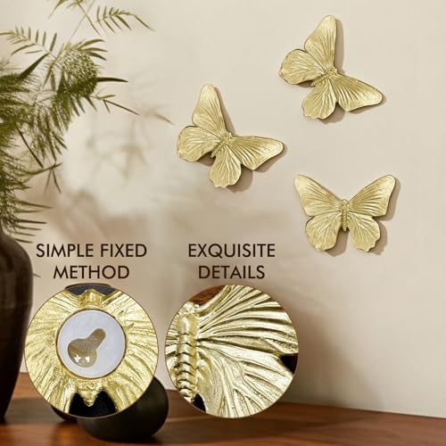 GUSFREUD 3D Butterfly Wall Decor Set – Resin Wall Decor for Living Room, Bedroom, Bathroom, Dining Room, Outdoor and Gallery Walls - Antique Gold - Set of 3