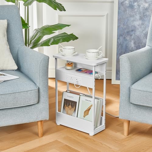 Narrow Side Table with Charging Station Small Spaces Narrow End Table