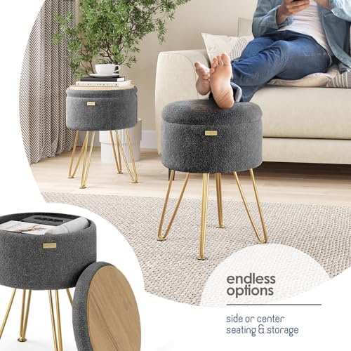 Round Ottoman with Storage, Boucle Storage Ottoman, Foot Stool Ottomans, Makeup Vanity Stool, Small Ottomans Foot Rest, Modern Vanity Stools for Living Room and Bedroom, Grey