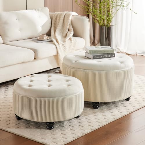 29'' & 24.5'' Round Storage Ottoman Coffee Table Set of 2, Off White