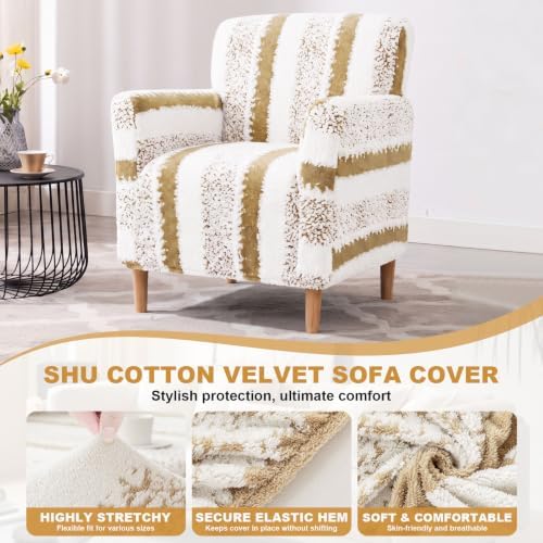 Striped Sherpa Armchair Slipcover, Stretch Plush Pet Friendly Accent Chair Cover with Elastic Bottom, Machine Washable Furniture Protector for Small Banquet Armchair