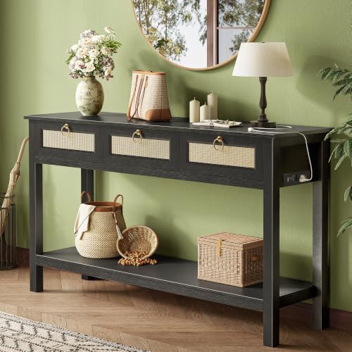 SUPERJARE Rattan Console Sofa Table with Outlets, USB-C Port and 3 Drawers